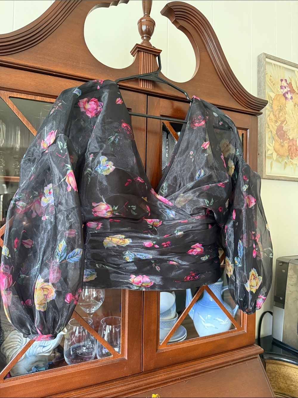 Flor et. al brand Sheer Black Floral Puff-Sleeve Crop Top